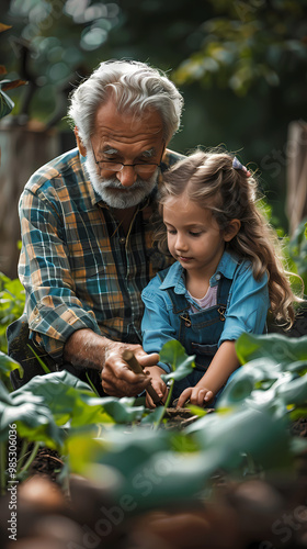 A small girl works in her grandfather's backyard garden with her senior grandfather.