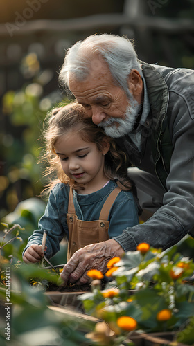 Wallpaper Mural A small girl works in her grandfather's backyard garden with her senior grandfather. Torontodigital.ca