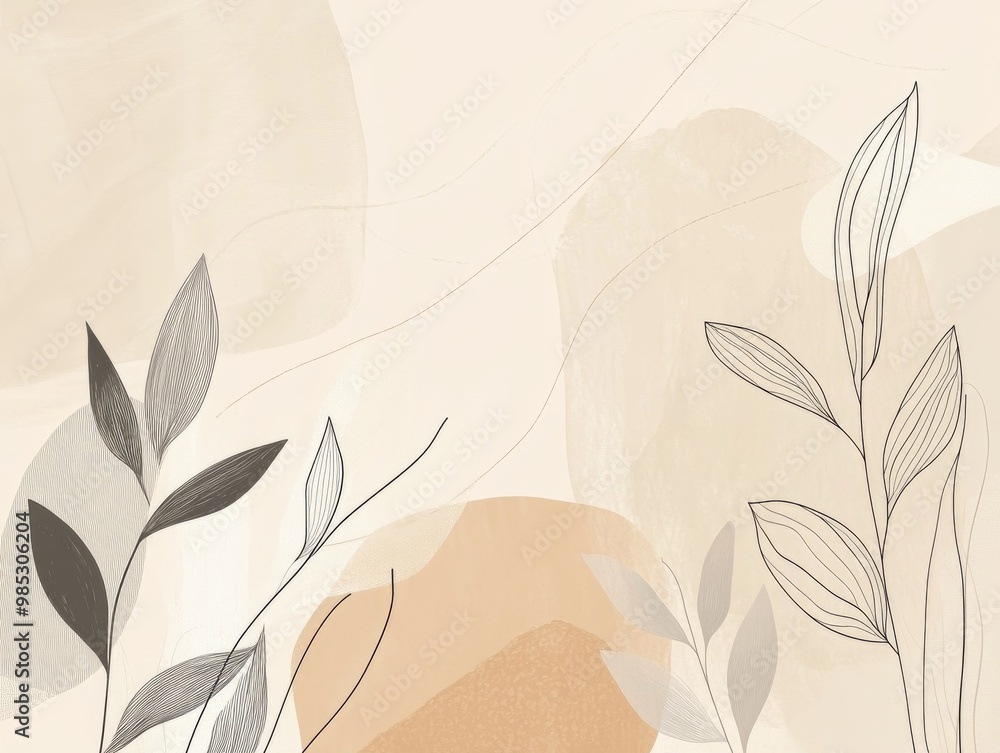 Abstract natural art with a beige backdrop featuring modern line shapes boho botanical foliage and floral patterns ideal for summer sale banners wall decor prints and fabrics Abstract natural art with a beige backdrop featuring modern line shapes boho botanical foliage and floral patterns ideal for summer sale banners wall decor prints and fabrics