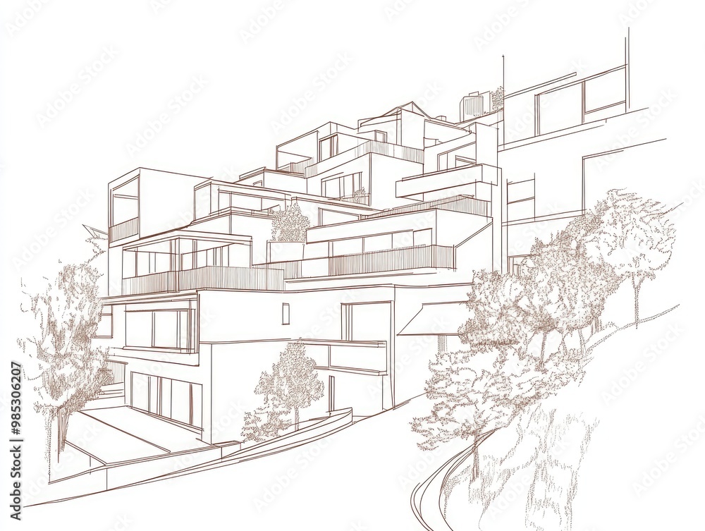 Abstract line art of a residential area in a minimalist style Abstract line art of a residential area in a minimalist style