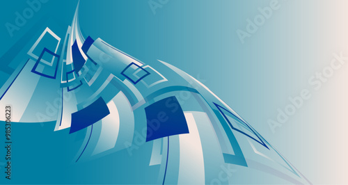 Abstract design featuring geometric shapes and lines in varying shades of blue, creating a contemporary visual appeal