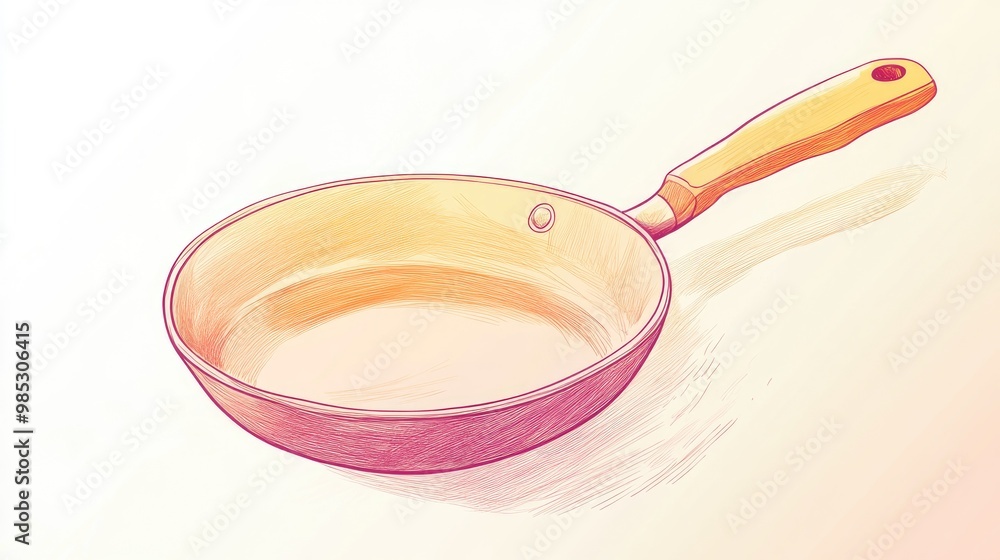 Line art illustration featuring a warm gradient drawing of a cartoon frying pan Line art illustration featuring a warm gradient drawing of a cartoon frying pan