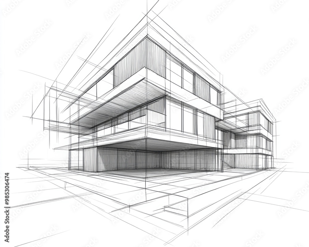 Line art illustration showcasing a conceptual sketch of architectural design for residential buildings in a three dimensional perspective Line art illustration showcasing a conceptual sketch of architectural design for residential buildings in a three dimensional perspective