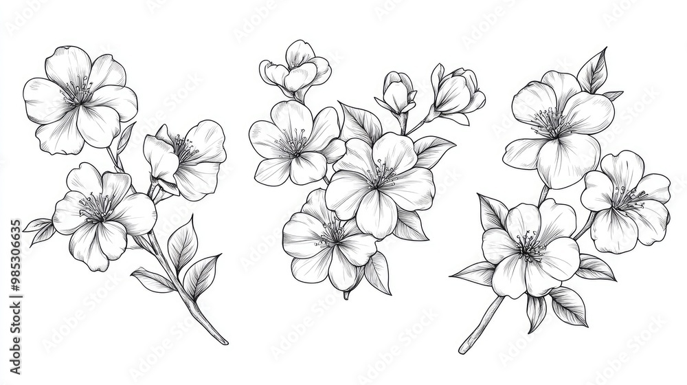 Floral Line Art Set featuring Sakura Flower Outlines Hand drawn Doodle Flowers ideal for wedding invitations bridal showers and floral greeting cards Black and white stencil illustrations Floral Line Art Set featuring Sakura Flower Outlines Hand drawn Doodle Flowers ideal for wedding invitations bridal showers and floral greeting cards Black and white stencil illustrations