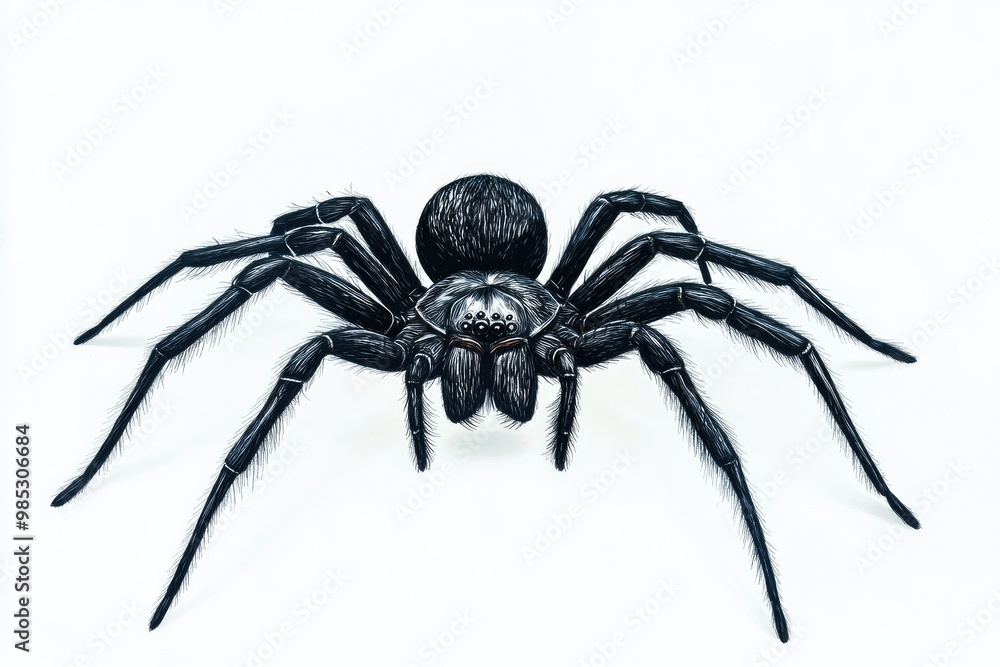 Line art illustration of a black spider on a white background Line art illustration of a black spider on a white background