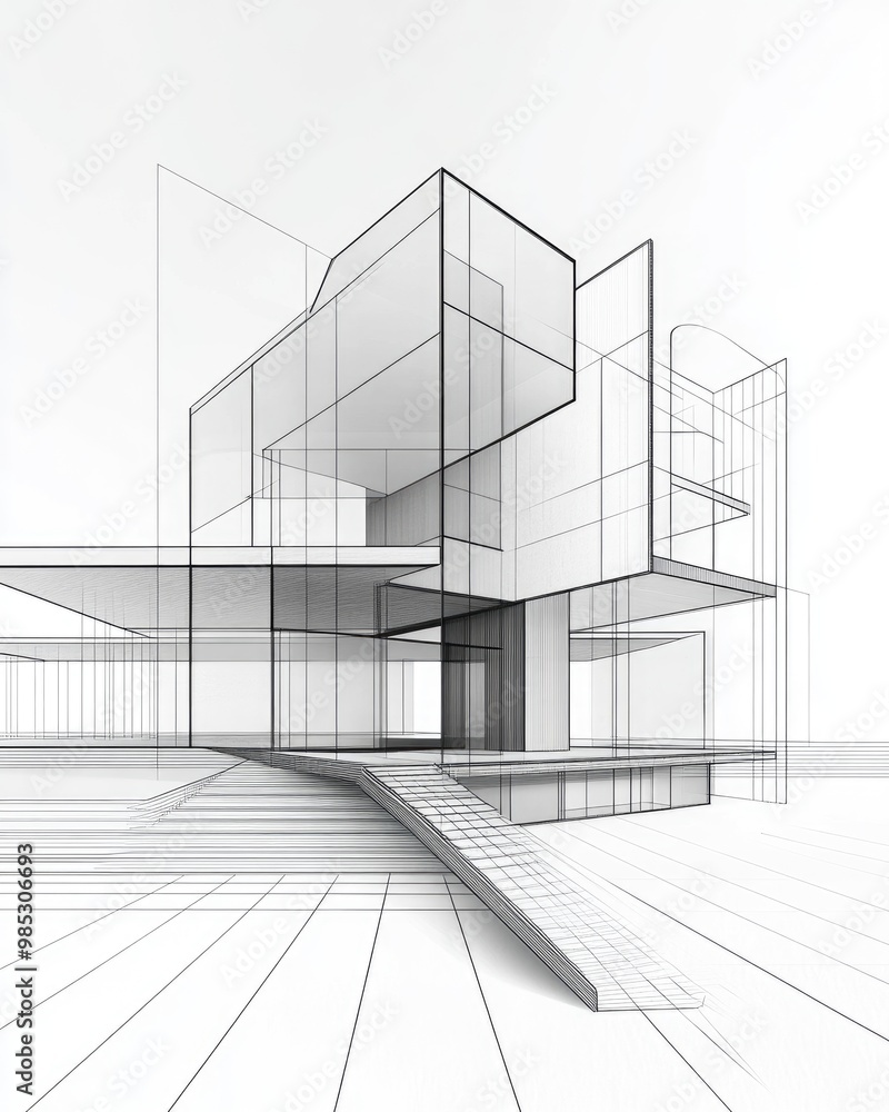 Line art illustration of an abstract 3D architectural structure with a modern background Line art illustration of an abstract 3D architectural structure with a modern background