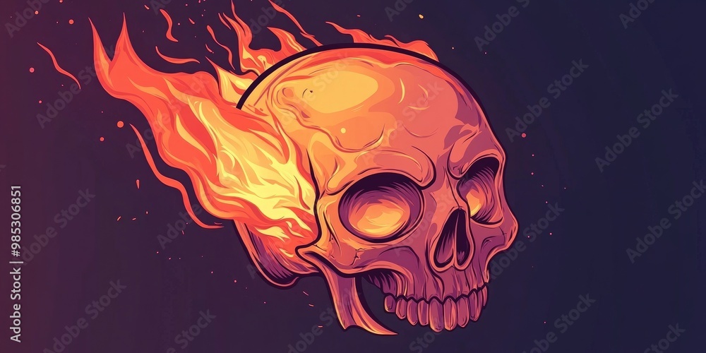 Cartoon illustration of a fiery skull in a line art style Cartoon illustration of a fiery skull in a line art style