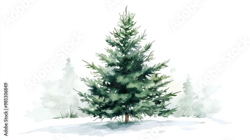 Hand drawn watercolor illustration of a green Christmas tree on a white background