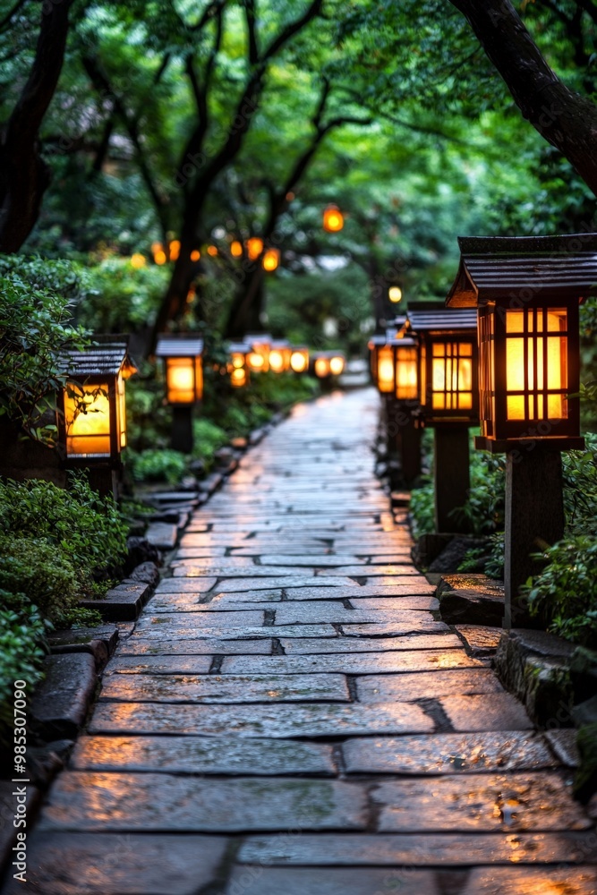 A stone path winding through a peaceful Japanese garden, with lush greenery and lanterns softly glowing in the distance A stone path winding through a peaceful Japanese garden, with lush greenery and lanterns softly glowing in the distance