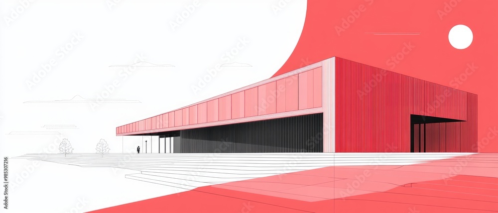 Line art illustration of a geometric building design with a striking red facade Line art illustration of a geometric building design with a striking red facade