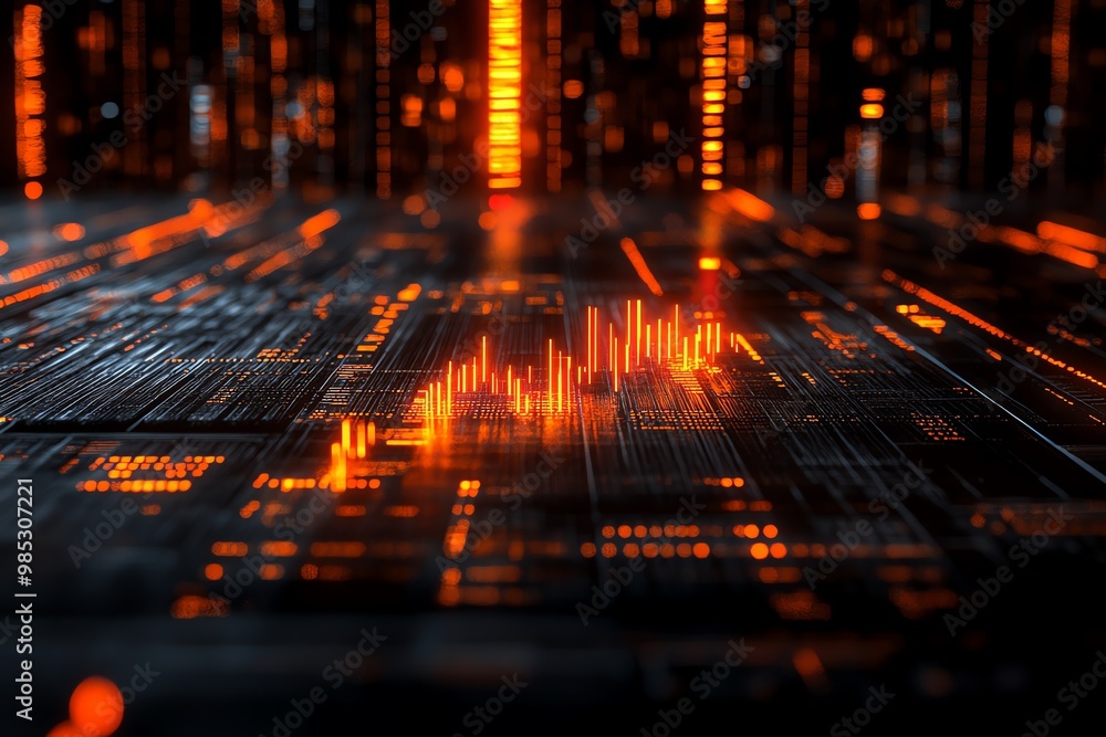 Abstract glowing lines on a dark circuit board surface. Abstract glowing lines on a dark circuit board surface.