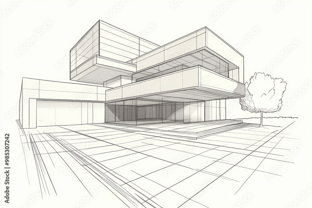 Line art illustration showcasing a modern architectural design in a three dimensional perspective Line art illustration showcasing a modern architectural design in a three dimensional perspective