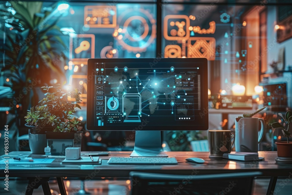 Remote working space with high-tech equipment, depicting the future of work Remote working space with high-tech equipment, depicting the future of work