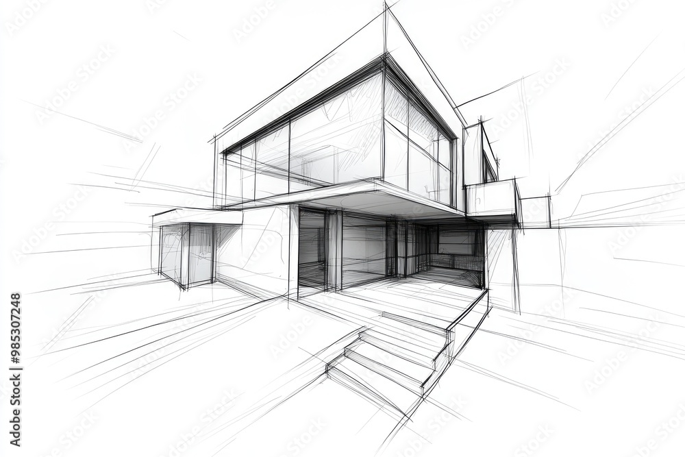 Line art illustration depicting a conceptual sketch of architectural house design in 3D Line art illustration depicting a conceptual sketch of architectural house design in 3D
