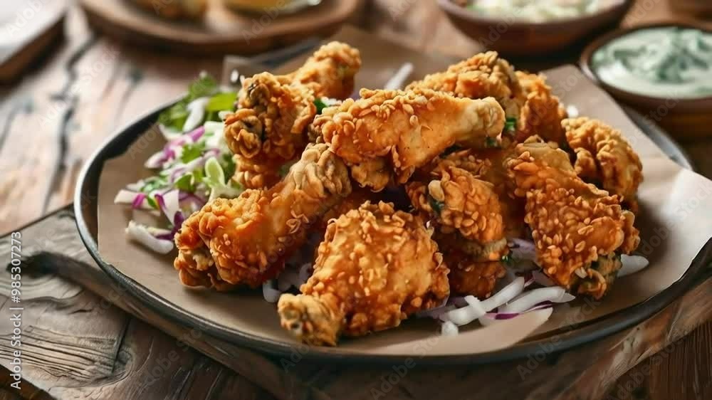 Crispy Fried Chicken Wings Served on a Plate with Red Onion Slices and Green Onion Garnish, Close-Up View of Delicious Food Crispy Fried Chicken Wings Served on a Plate with Red Onion Slices and Green Onion Garnish, Close-Up View of Delicious Food