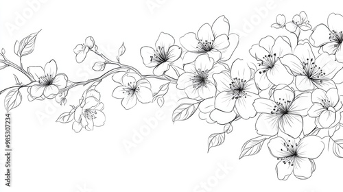 Sakura line art illustration featuring floral designs and cherry blossom outlines