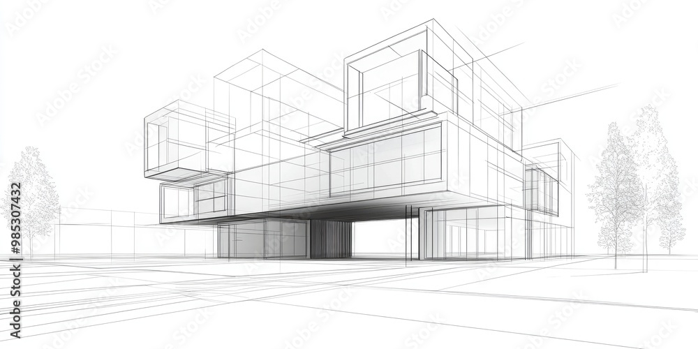 Abstract geometric modular architecture concept in a 3D line art illustration Abstract geometric modular architecture concept in a 3D line art illustration