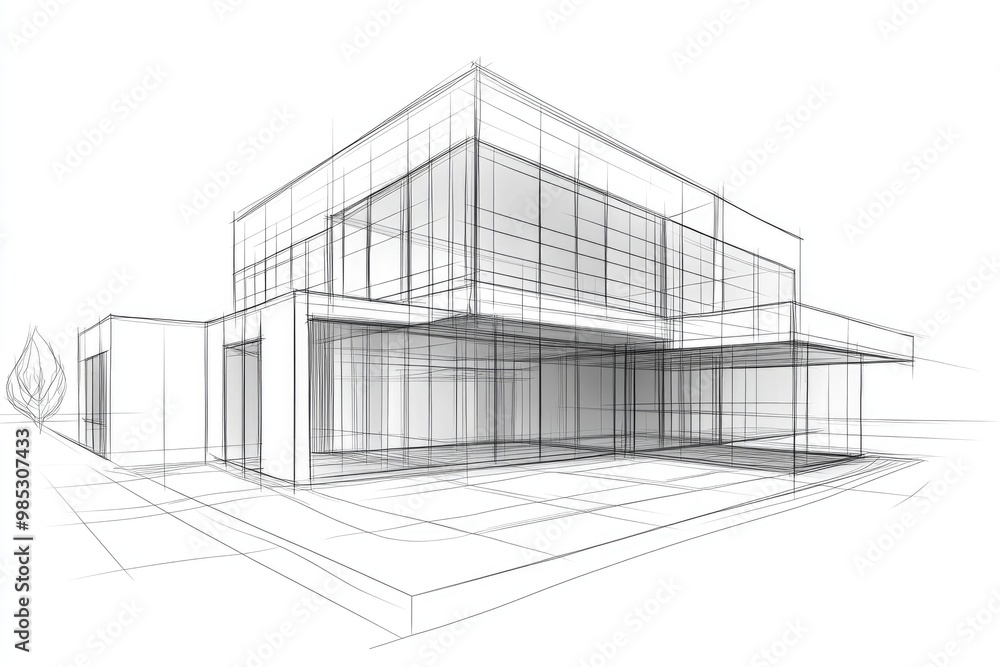Line art illustration of a contemporary building with architectural design in a 3D perspective Line art illustration of a contemporary building with architectural design in a 3D perspective