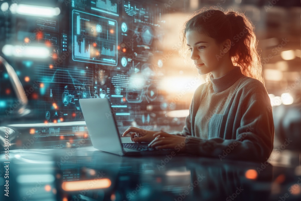 Very realistic and photographic photo of a young marketer working with a laptop, surrounded by advanced holographic displays showing detailed marketing graphs. The light and cheerful ambiance is Very realistic and photographic photo of a young marketer working with a laptop, surrounded by advanced holographic displays showing detailed marketing graphs. The light and cheerful ambiance is