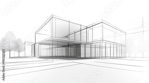 Line art illustration of contemporary architecture with a 3D perspective design