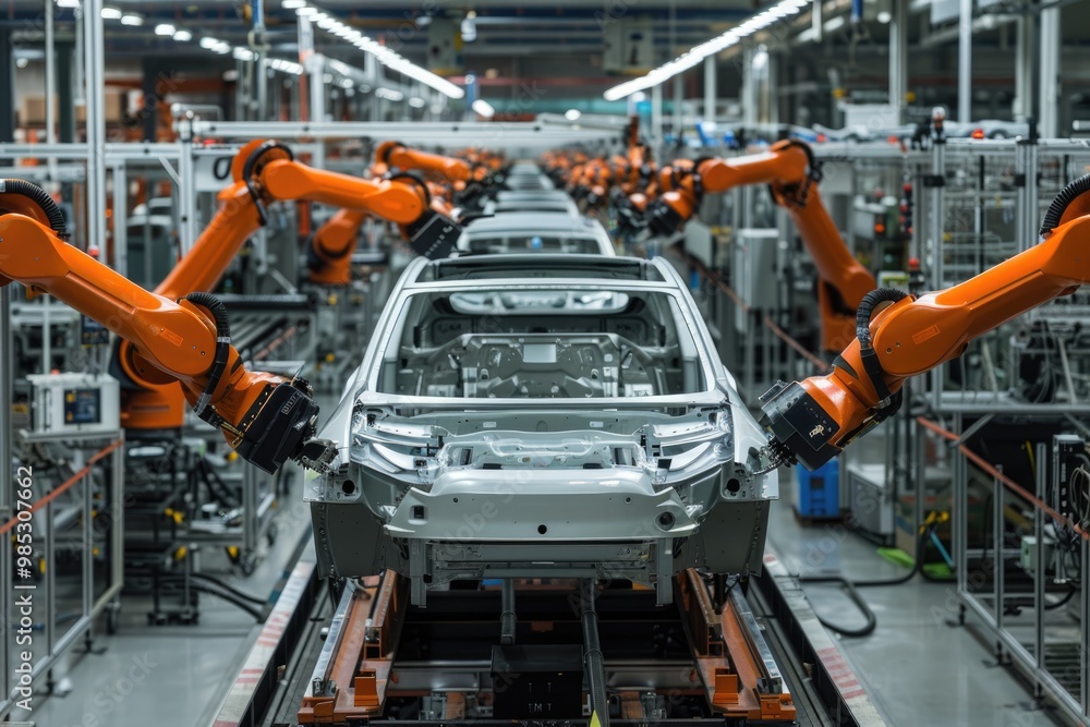 Assembly line with orange robotic arms building EV cars in factory Assembly line with orange robotic arms building EV cars in factory