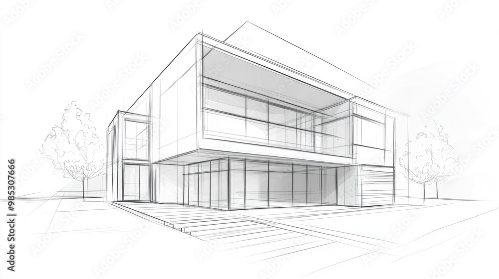 Line art illustration depicting architectural sketches of a house building in a 3D perspective Line art illustration depicting architectural sketches of a house building in a 3D perspective