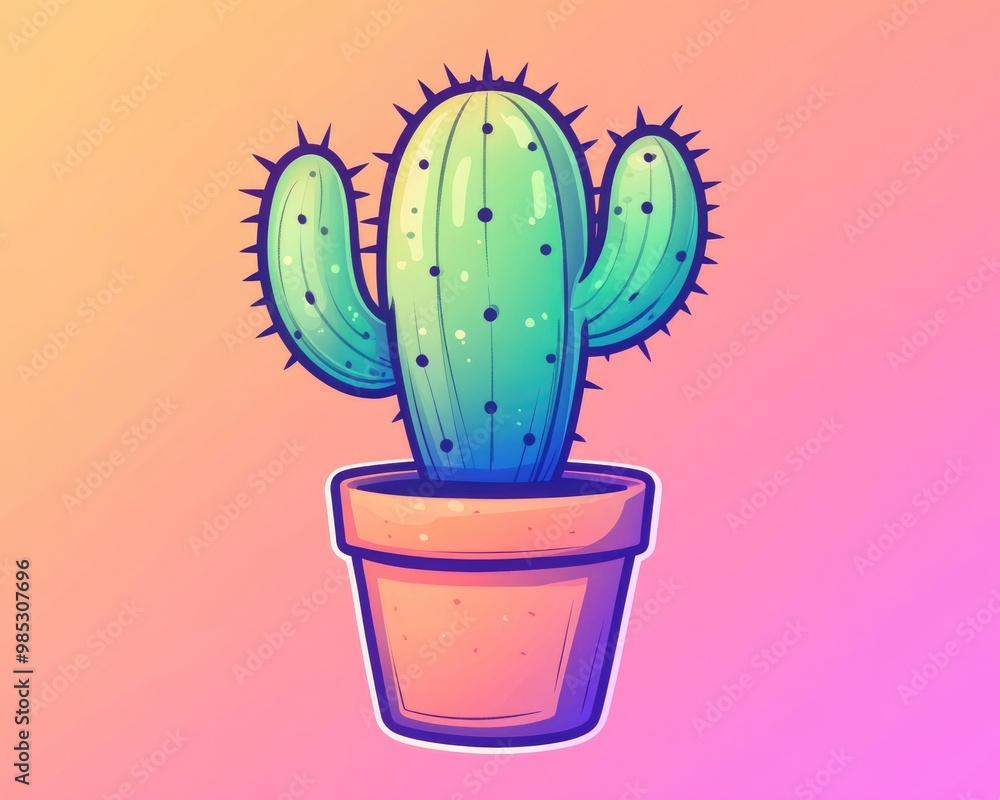 Warm gradient line art illustration of a cartoon cactus Warm gradient line art illustration of a cartoon cactus
