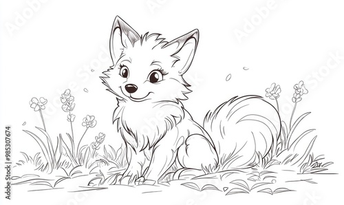 Line art illustration of a coloring book page featuring a whimsical cartoon fox