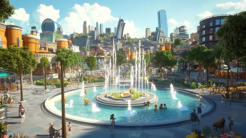 Fototapeta premium 3D cartoon cityscape featuring a large central plaza with fountains, parks, and animated characters enjoying a sunny day in the modern city