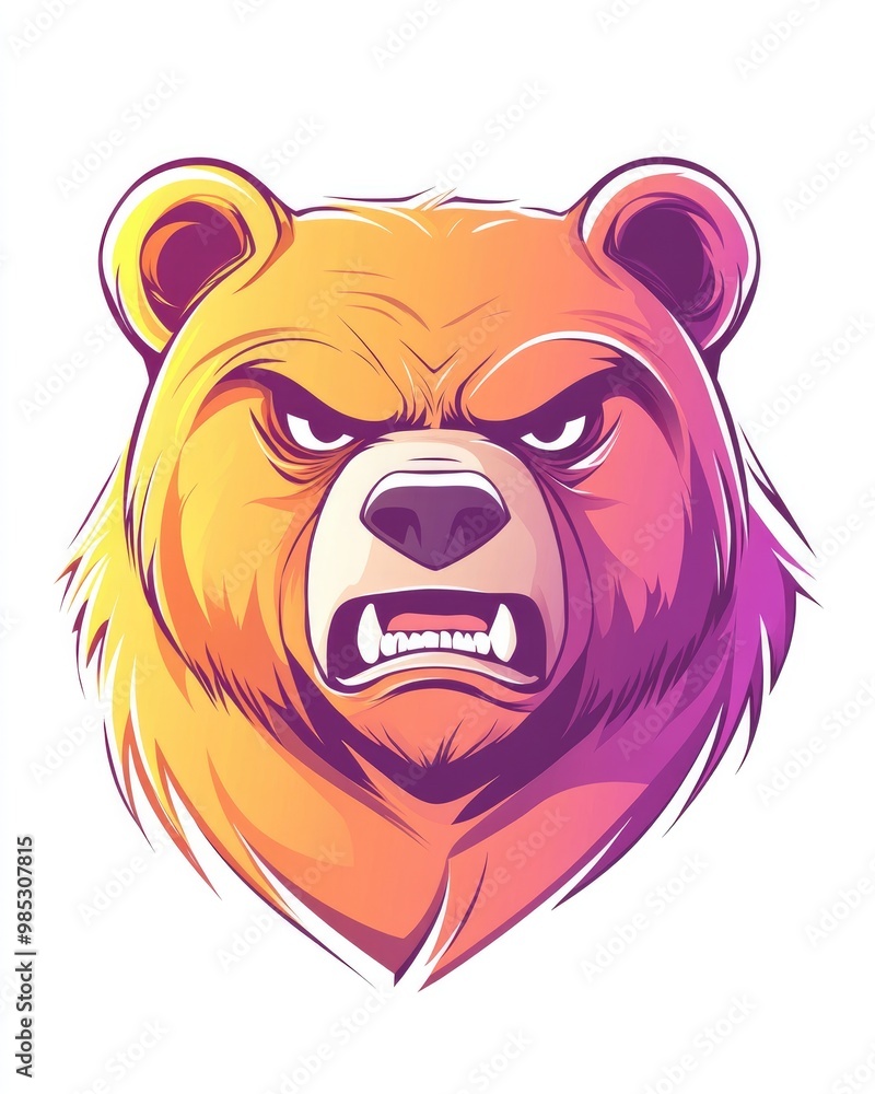 Line art illustration featuring a warm gradient design of an angry cartoon bear Line art illustration featuring a warm gradient design of an angry cartoon bear