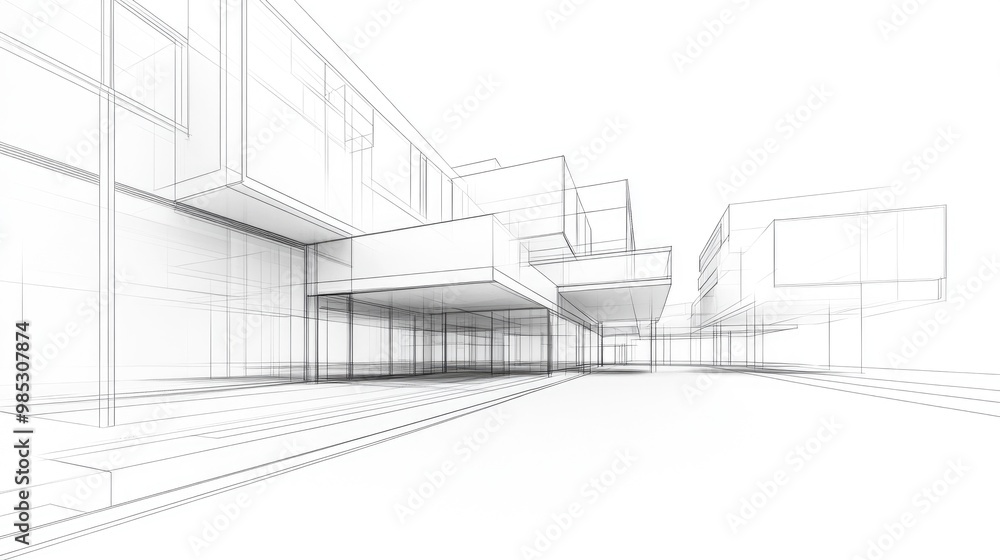 Line art depiction of architectural concept featuring a 3D illustration Line art depiction of architectural concept featuring a 3D illustration