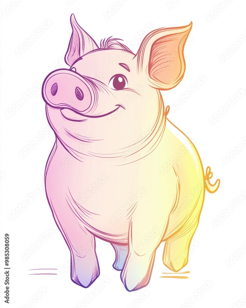 Line art illustration featuring a rainbow gradient depicting a cheerful cartoon pig Line art illustration featuring a rainbow gradient depicting a cheerful cartoon pig