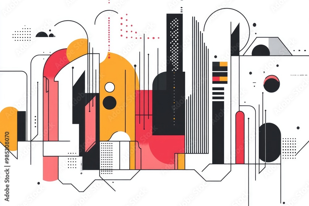 Line art illustration of an abstract design with urban background elements Line art illustration of an abstract design with urban background elements
