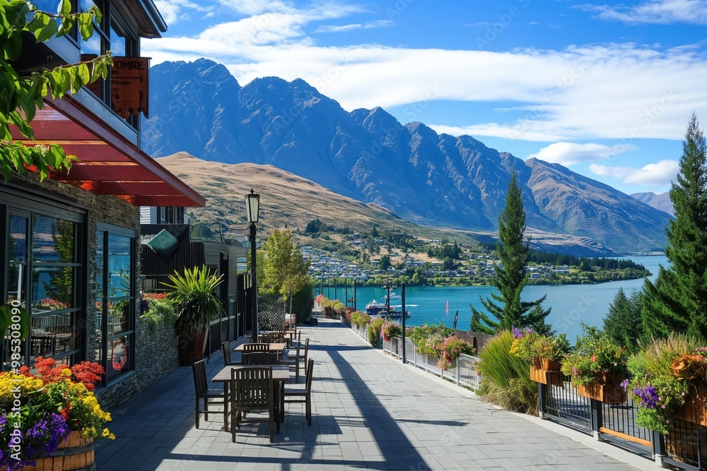 Scenic resort area in Queenstown, New Zealand on sunny day. Modern buildings near lake shore, surrounded by mountains. Blue sky with white clouds. People relax, enjoy water activities on calm lake. Scenic resort area in Queenstown, New Zealand on sunny day. Modern buildings near lake shore, surrounded by mountains. Blue sky with white clouds. People relax, enjoy water activities on calm lake.