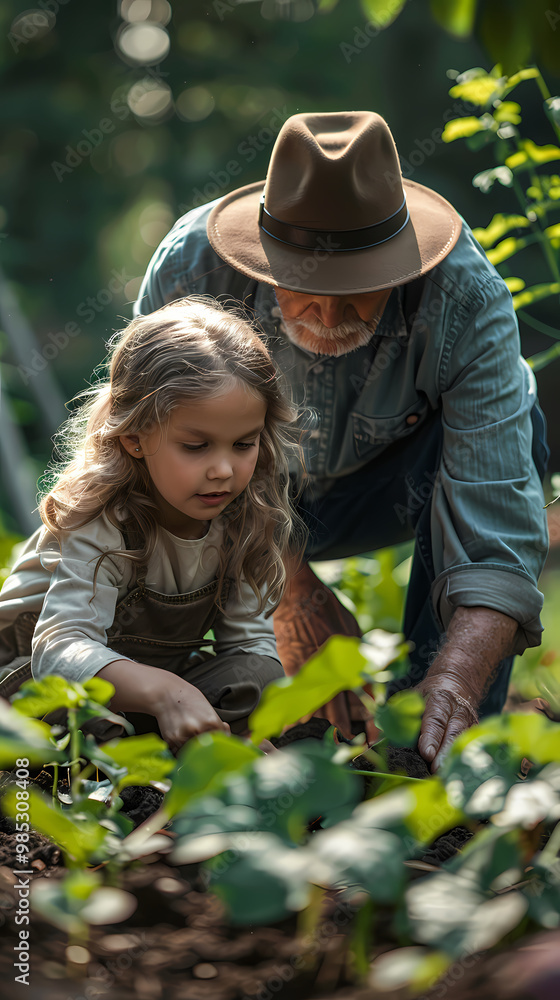 custom made wallpaper toronto digitalA small girl works in her grandfather's backyard garden with her senior grandfather.