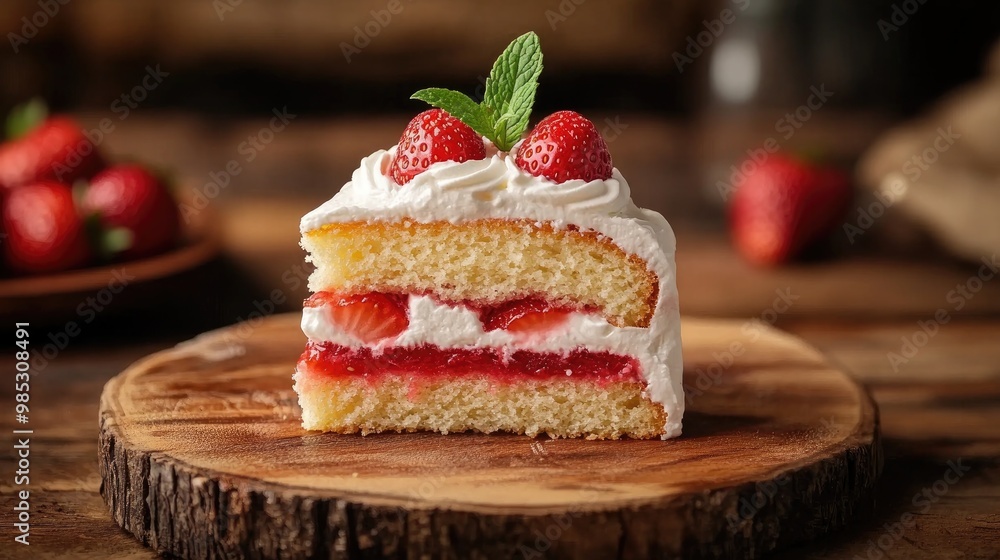 A classic slice of vanilla sponge cake with strawberry filling, topped with whipped cream and a single mint leaf, placed on a rustic wooden dish. A classic slice of vanilla sponge cake with strawberry filling, topped with whipped cream and a single mint leaf, placed on a rustic wooden dish.