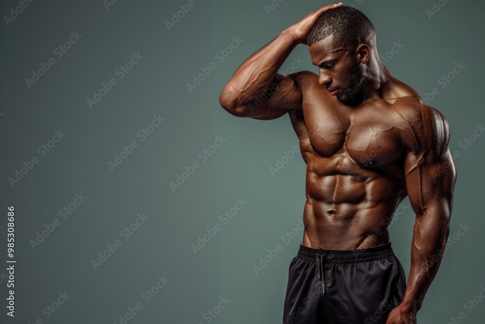 Fototapeta premium A fit man with a sculpted physique and a focused mind, solid color background ideal for gym flyers that promote the balance of physical and mental wellness