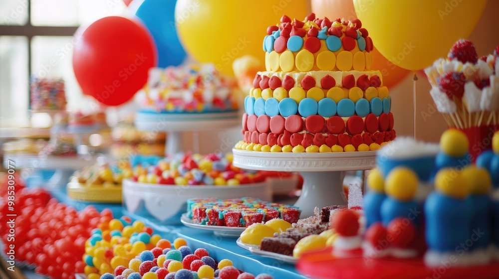Naklejka premium A festive dessert table with a variety of colorful cakes, candy, and cookies, all bursting with bright reds, yellows, and blues, creating a lively atmosphere.