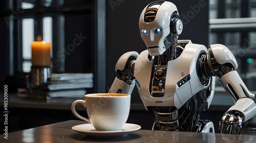 Futuristic robot serving coffee.