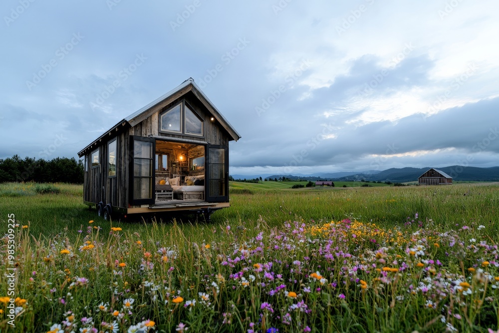 A tiny home made entirely of recycled materials, with a creative, sustainable design, sitting in an open field with wildflowers and a picturesque barn in the distance A tiny home made entirely of recycled materials, with a creative, sustainable design, sitting in an open field with wildflowers and a picturesque barn in the distance