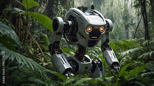 Robot exploring jungle.