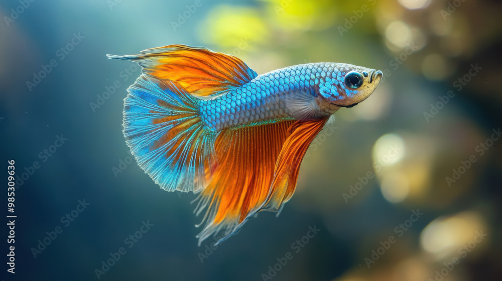 A single guppy fish with striking blue and orange colors swimming gracefully A single guppy fish with striking blue and orange colors swimming gracefully
