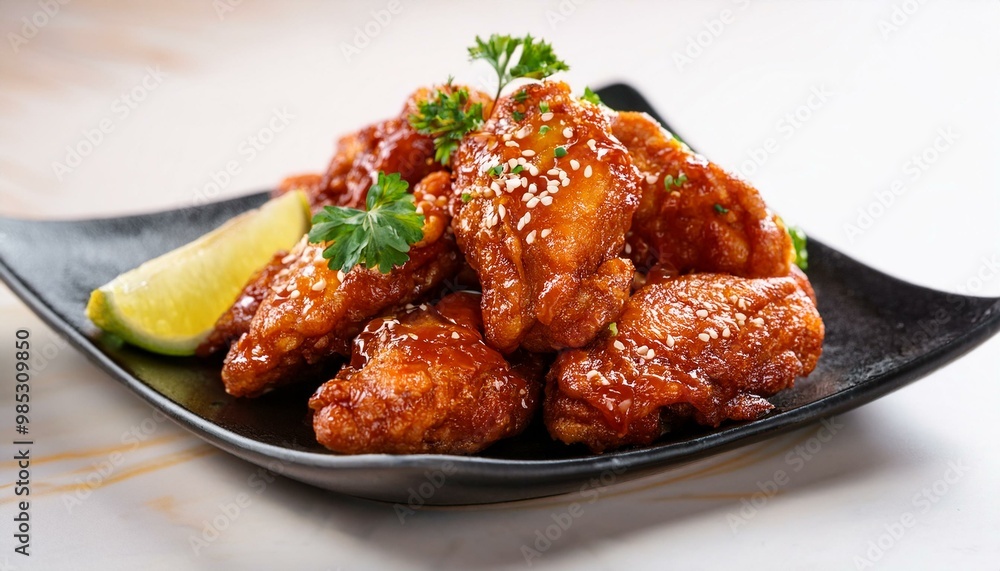 A delicious plate of Korean Fried Chicken with cilantro or onion for garnishing; spicy Korean Fried Chicken on a plate; food photography A delicious plate of Korean Fried Chicken with cilantro or onion for garnishing; spicy Korean Fried Chicken on a plate; food photography