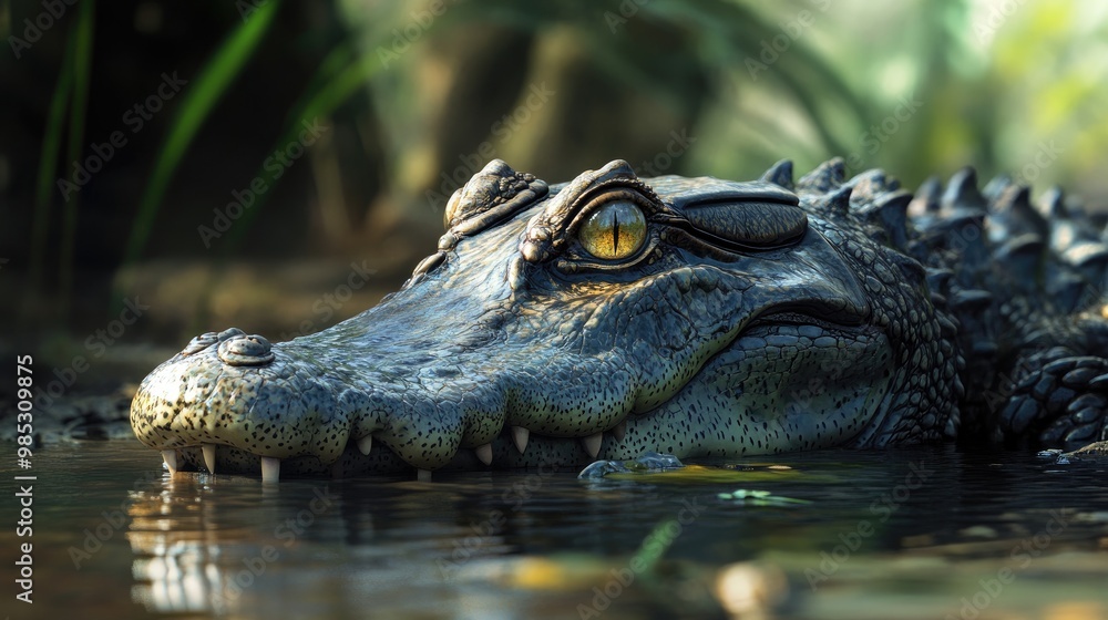A photorealistic image of a caiman resting at the water's edge, partially submerged with only its eyes above the surface. A photorealistic image of a caiman resting at the water's edge, partially submerged with only its eyes above the surface.