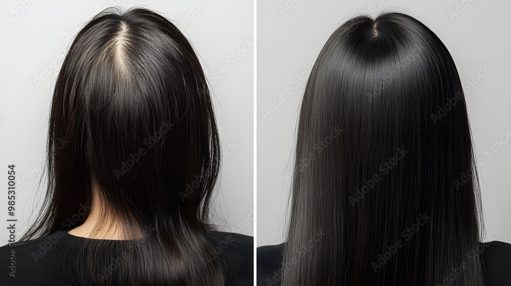 Visual comparison of hair recovery progress, with before-and-after images showing enhanced hair volume and growth after 6 months of treatment, Realistic, High-Definition Visual comparison of hair recovery progress, with before-and-after images showing enhanced hair volume and growth after 6 months of treatment, Realistic, High-Definition