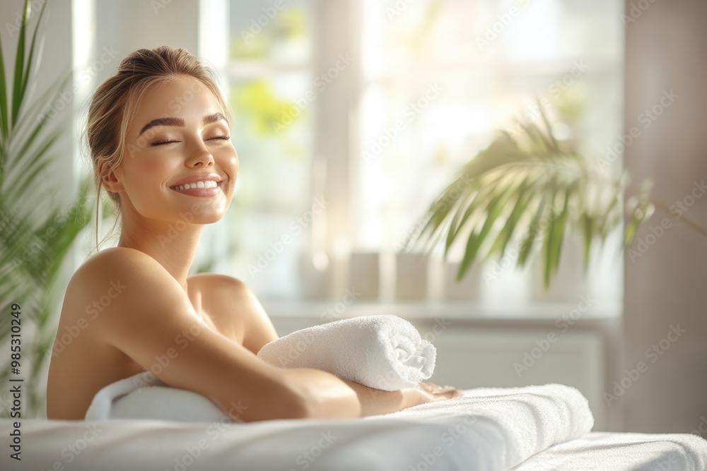 High-resolution brightly lit photorealistic photograph of a beautiful presenter woman basking in the serene environment of a tranquil massage spa, radiating happiness. The image is styled like a High-resolution brightly lit photorealistic photograph of a beautiful presenter woman basking in the serene environment of a tranquil massage spa, radiating happiness. The image is styled like a