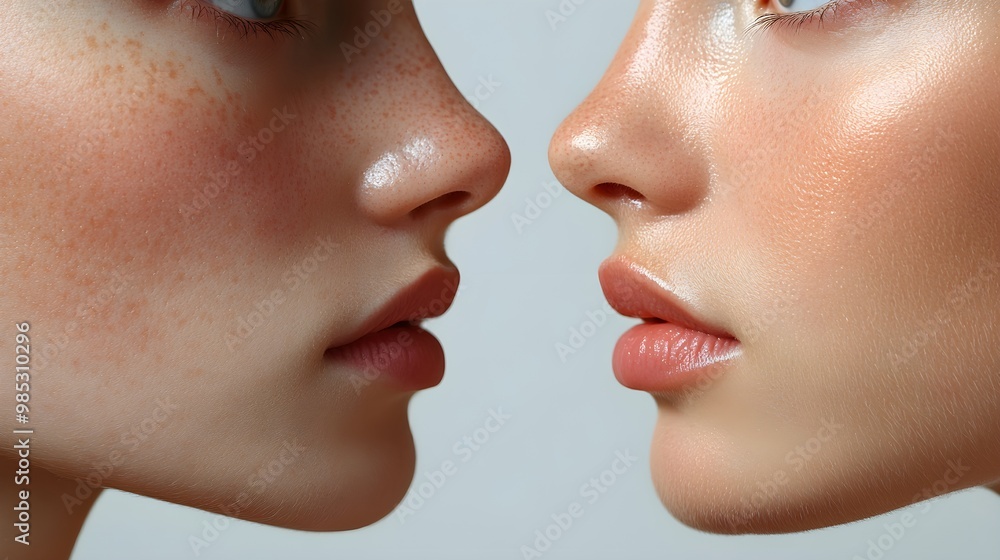 Obraz premium T-zone transformation image, illustrating the effect of blackhead treatment with refined skin texture and clean pores, side-by-side view, Realistic, Bright Lighting