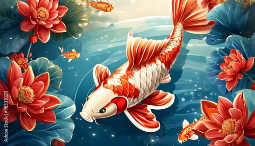 Vibrant koi illustration celebrating spring festival and good luck themes in a festive lunar new year poster design photo