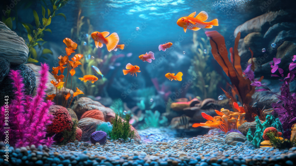Naklejka premium A vibrant aquarium scene featuring a variety of guppies and underwater decorations