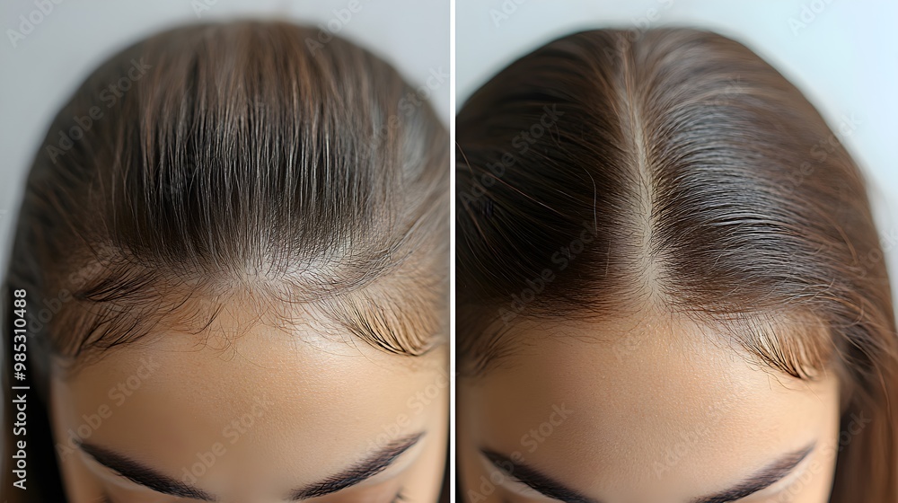 Obraz premium Visual blog comparison of two hair loss treatments, with detailed before-and-after photos showing treatment outcomes in terms of hairline restoration and density